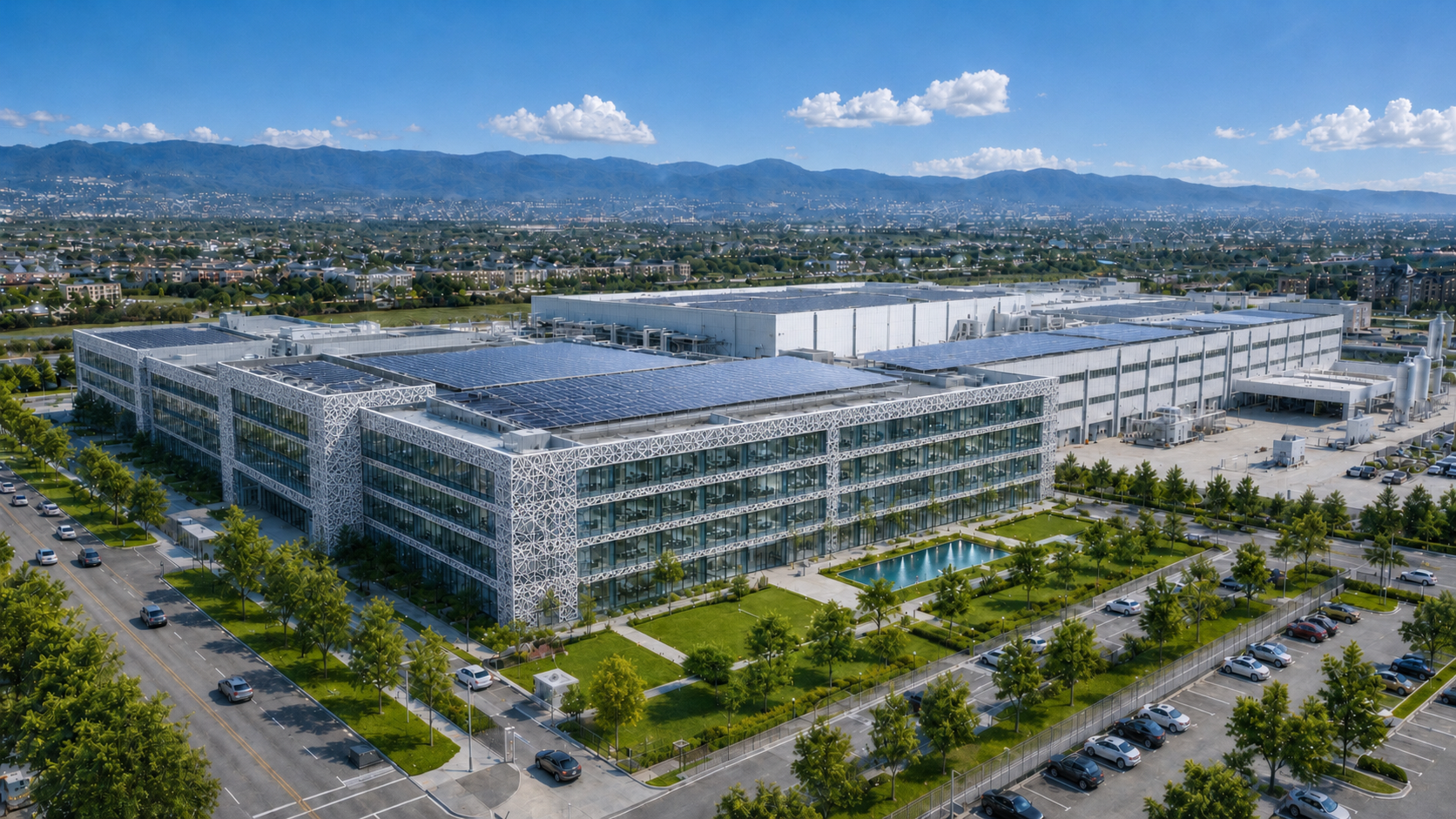 Aerial view of a GloGreen Manufacturing Campus with production halls, administration and lab space, solar roofing, and regional development infrastructure