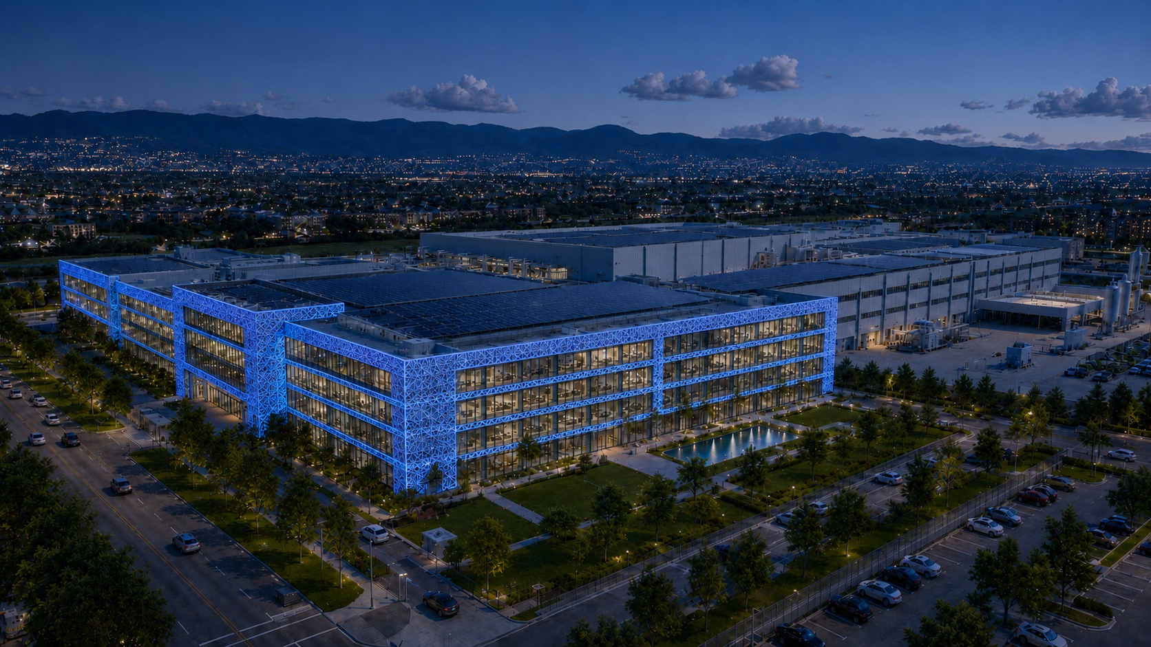 Dusk view of a GloGreen Manufacturing Campus with blue backlit UHPNC facade, production halls, and regional development setting