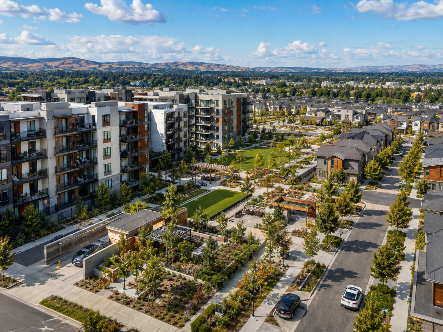 Aerial view of mixed-use housing community with multifamily apartments, single-family homes, green park spaces, and tree-lined streets