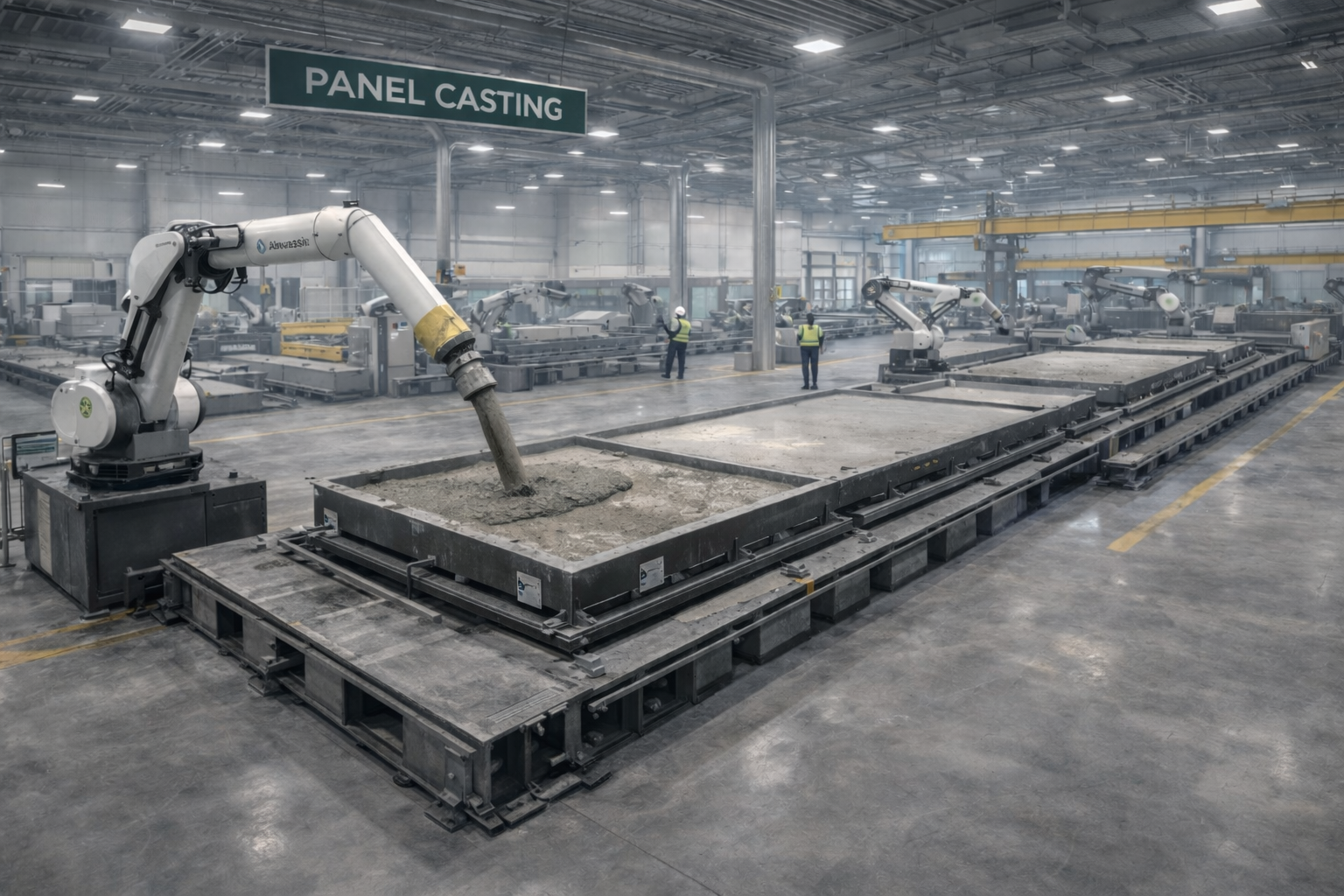Large-scale panel casting facility with industrial robotic arms and precision mold platforms