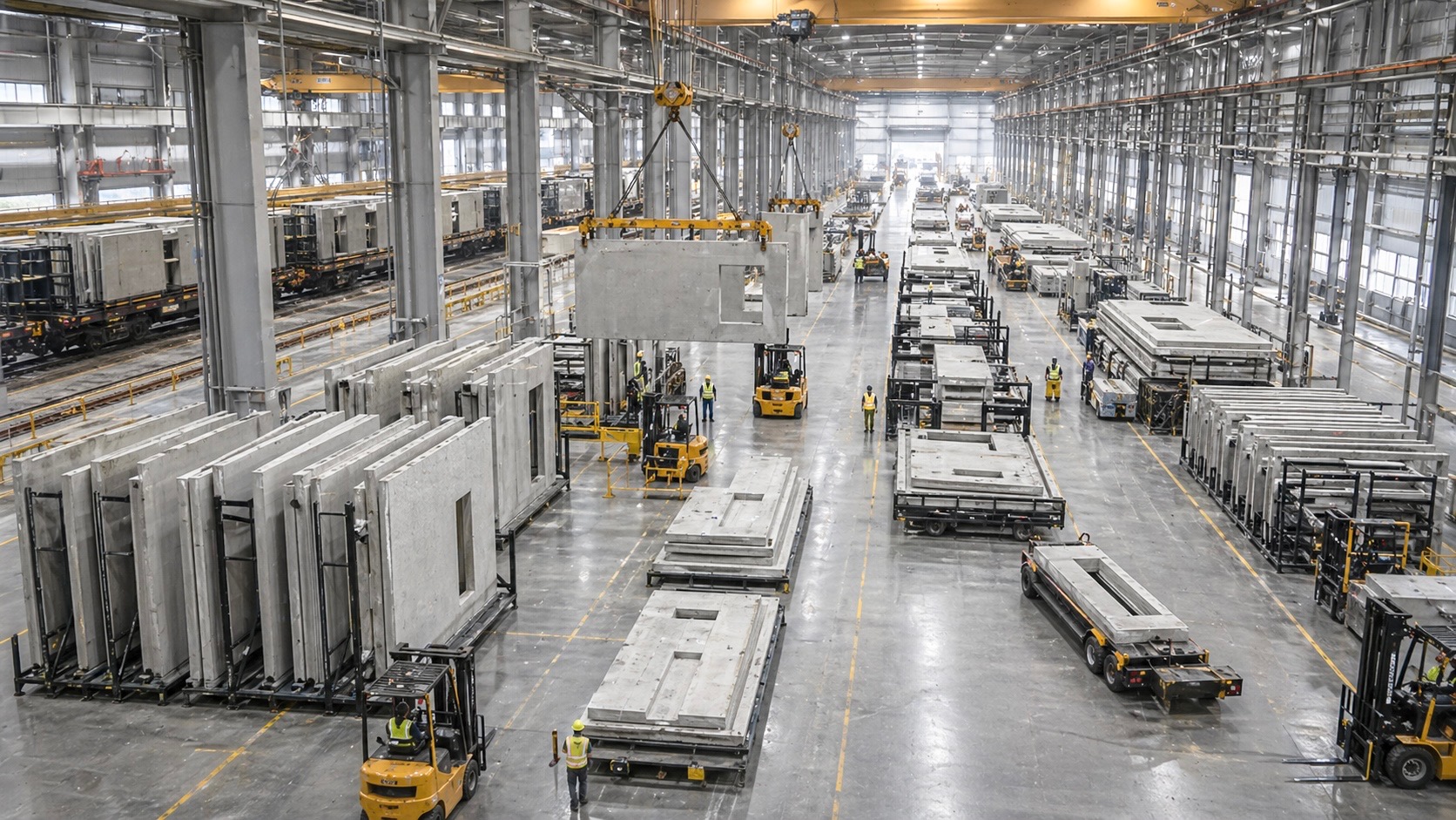 Large GloGreen production hall with overhead cranes, building components, and factory-controlled manufacturing activity