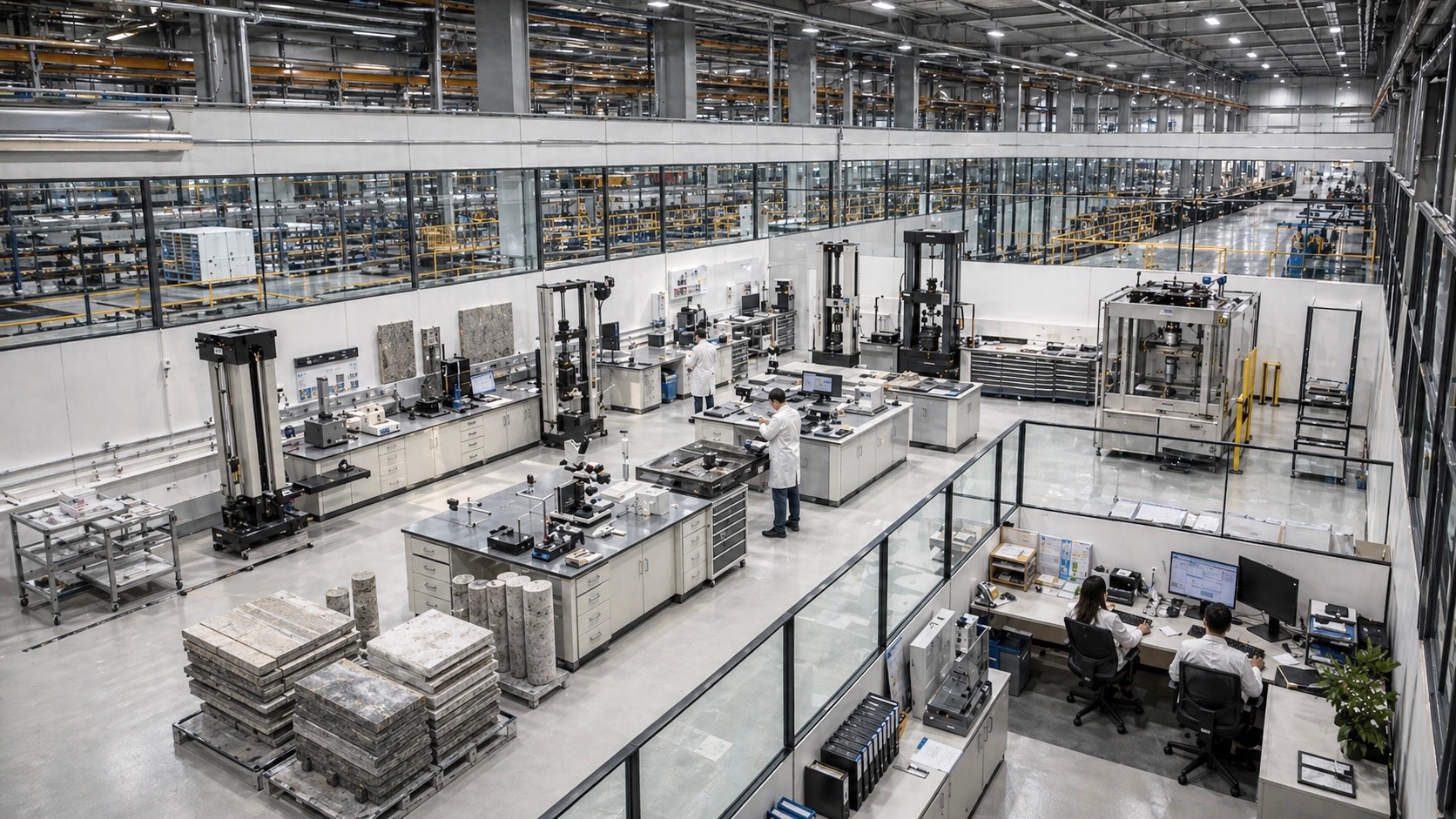 Interior production area of a GloGreen Manufacturing Campus showing UHPNC finish-system manufacturing for sinks, tubs, panels, countertops, and architectural building products