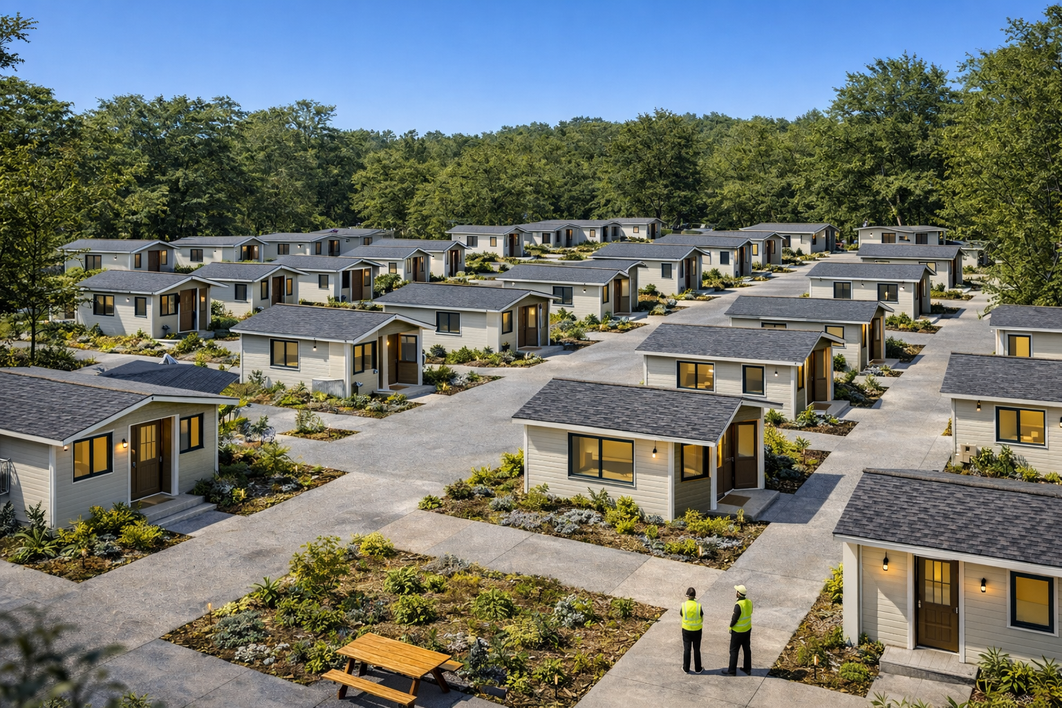 Factory-produced Rapid Recovery Housing Units arranged as a durable recovery housing community for disaster response, workforce housing, and displaced-family support